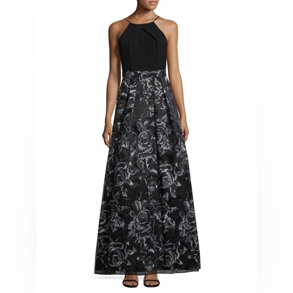 Aidan Mattox Dress Embroidered Floral Gown Black And Silver Size 8 EUC